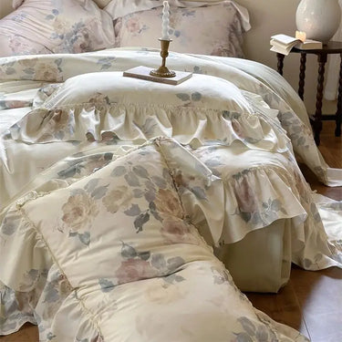 Vintage French Rose Print Egyptian Cotton 1000TC Ruffles Princess Wedding Bedding